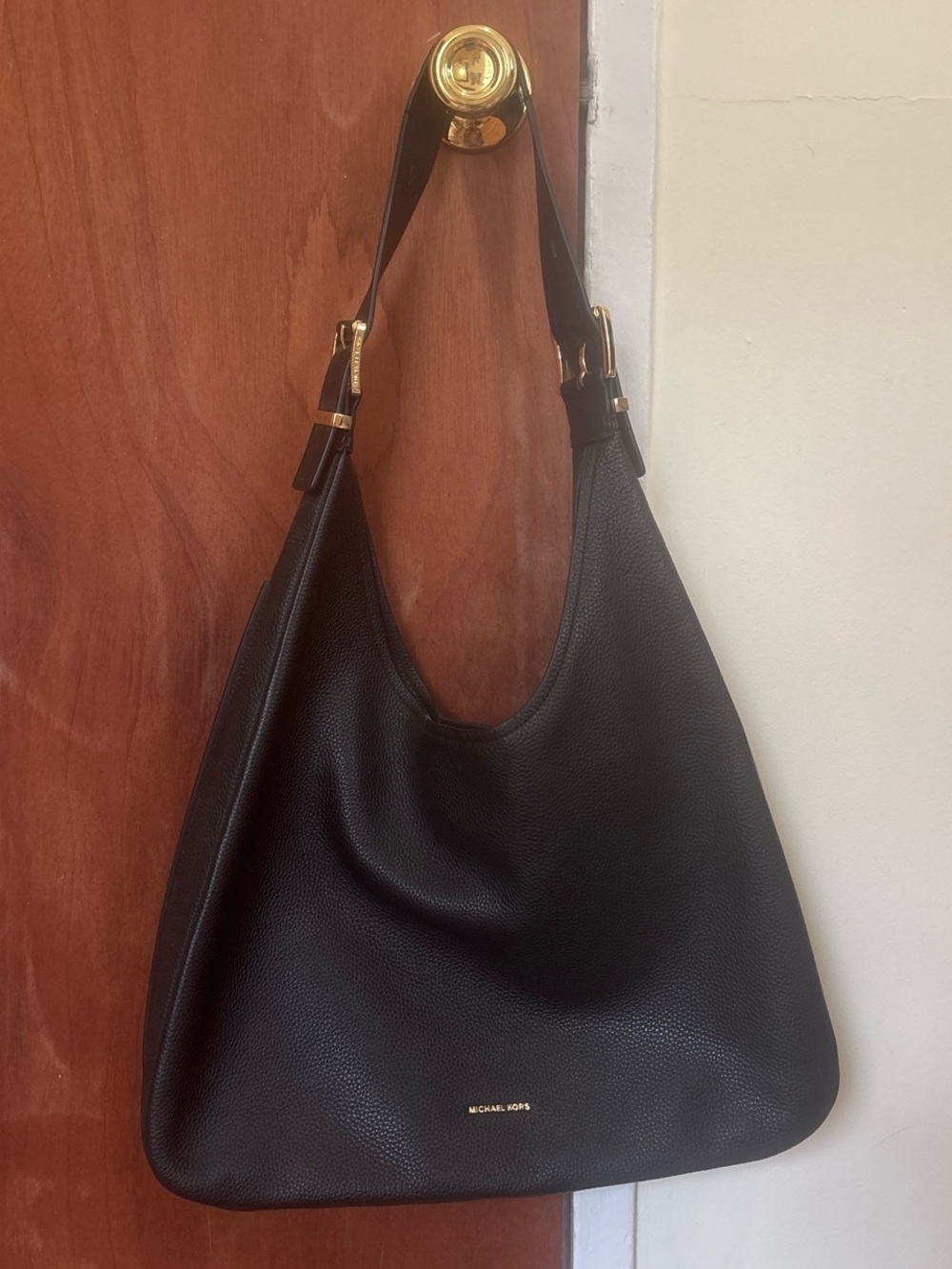 Michael Kors Black Pebbled Leather Shoulder Hobo with Gold Hardware